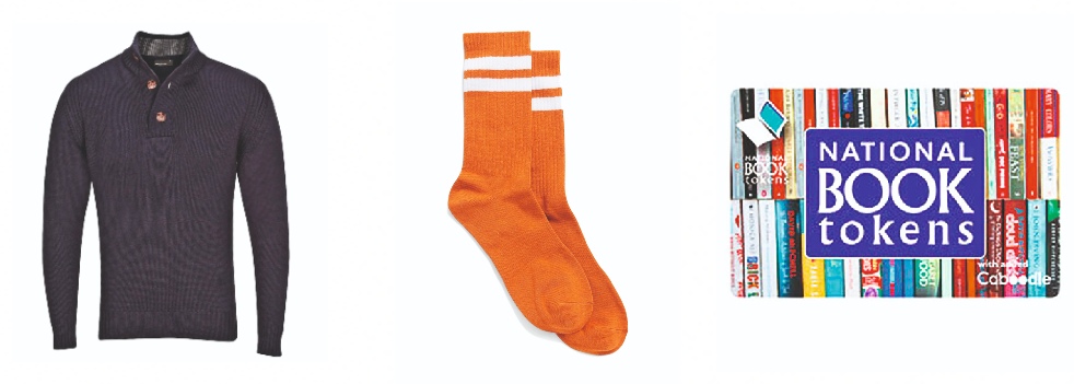 woollen jumper - orange socks - book token